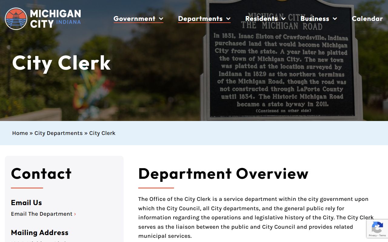 Michigan City Indiana city clerk department webpage screenshot