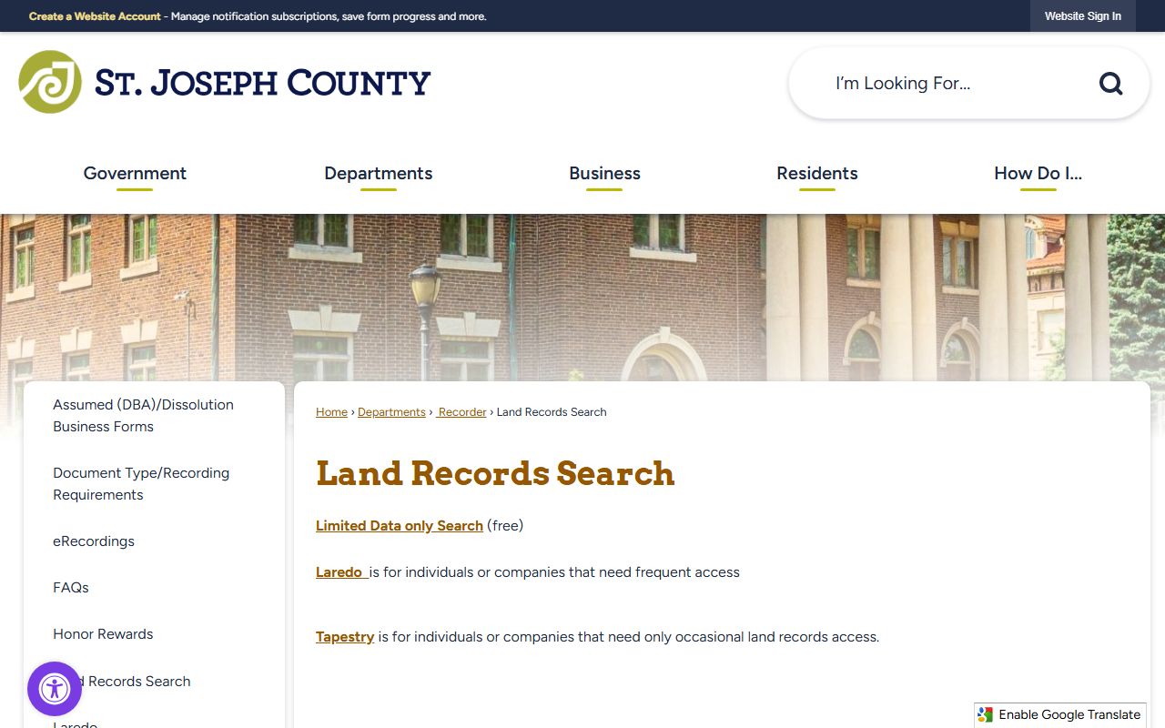 South Bend deed records search through the St. Joseph County Land Records portal